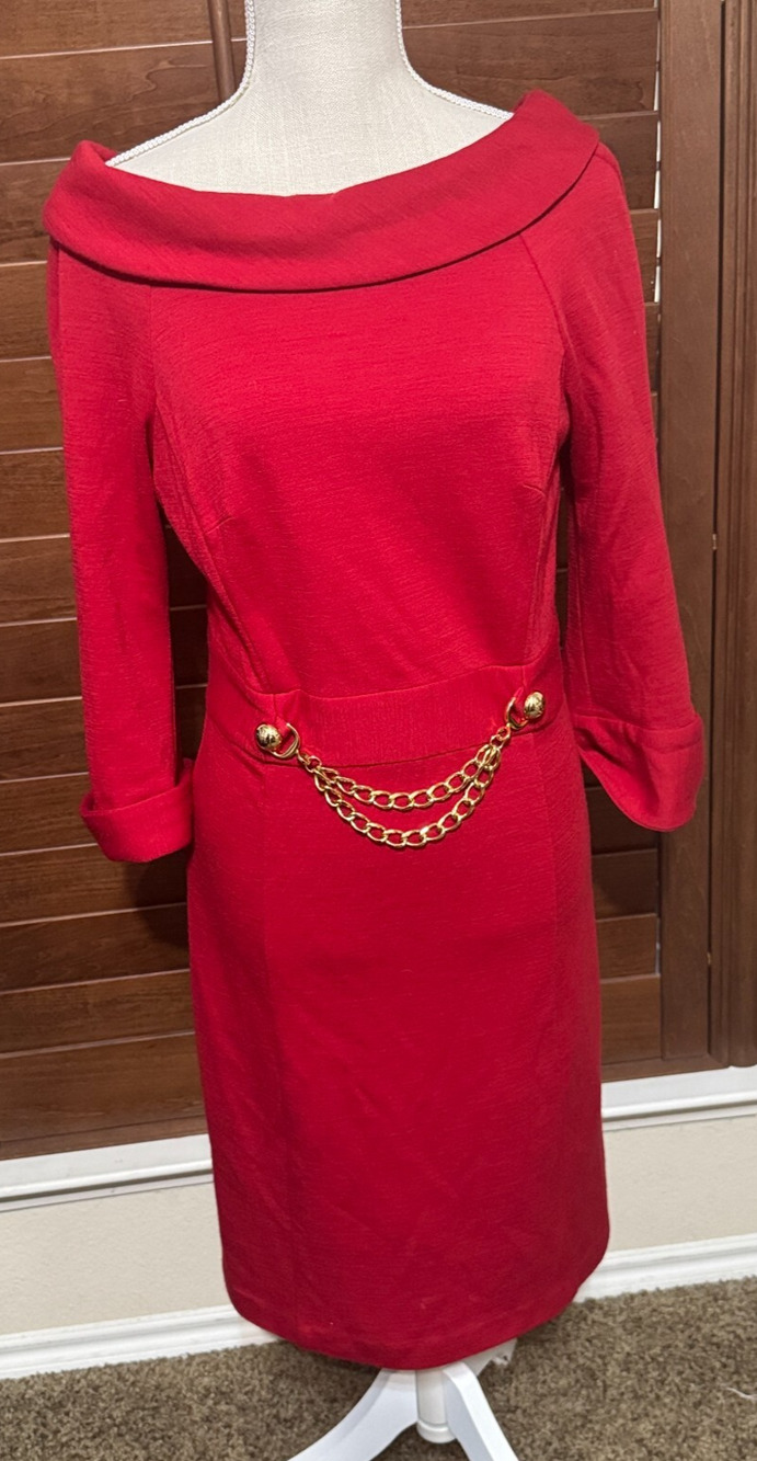 Milly NY Red Wool sheath dress gold chain belt sz M old money classic USA